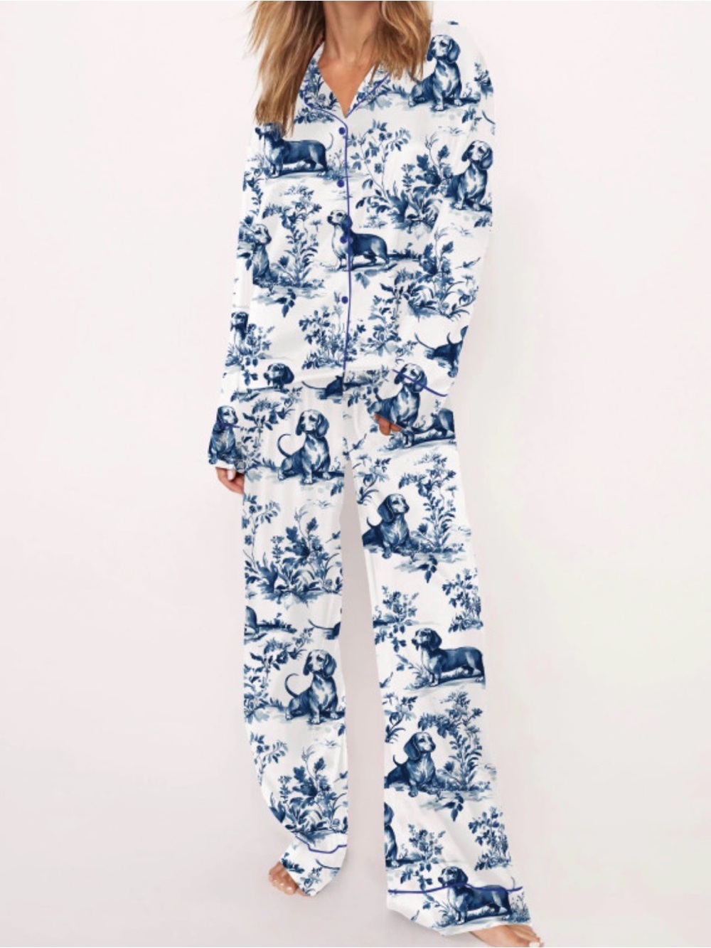 Blue & White Dog Print Button-Up Pajama Set